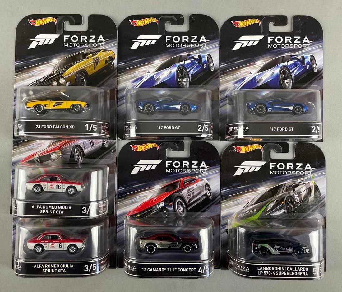 Set of Mattel Hot Wheels Forza Motorsports Die-Cast Vehicles: 1/64 scale, duplicate Alfa Romeo and ford GT