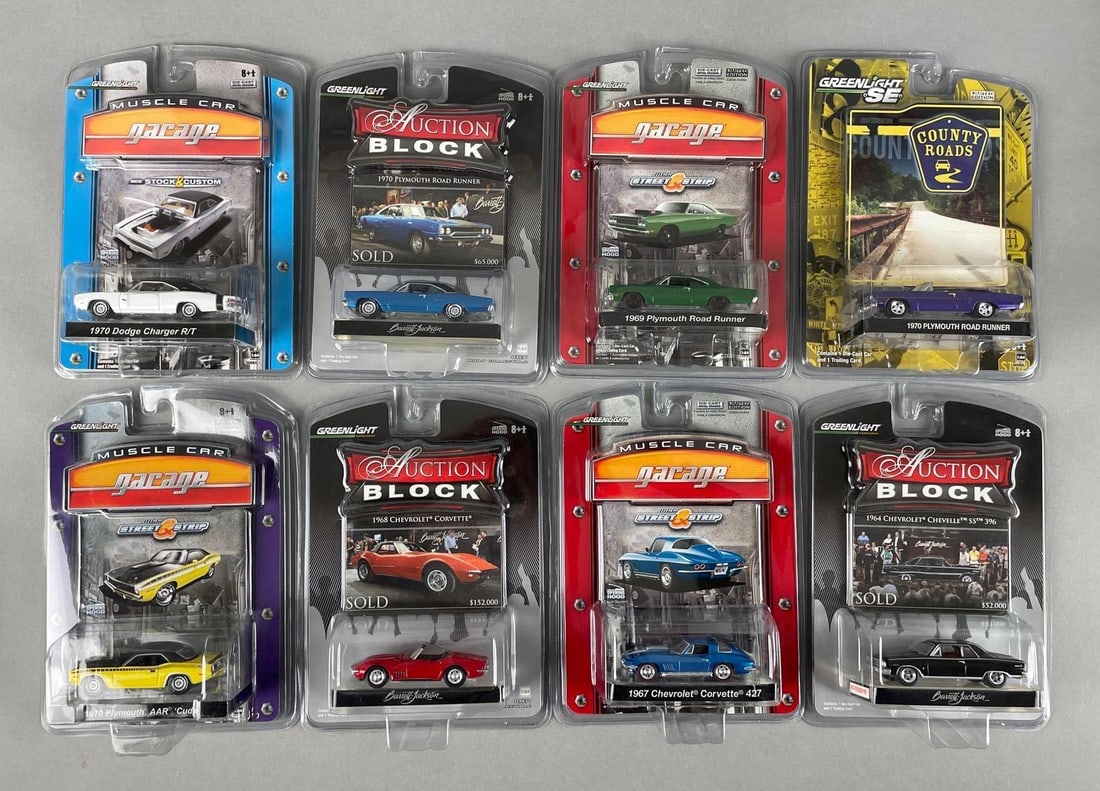 Group of Greenlight Die-Cast Vehicles: Includes auction block, muscle car garage, 1/64 scale