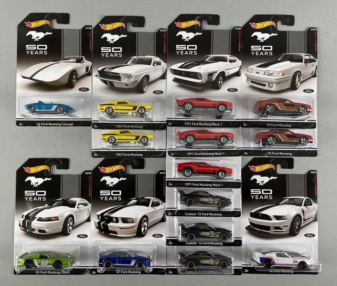 Group of Mattel Hot Wheels 50 Years of Ford Mustang Die-Cast Vehicles: 1 full set of 8, original packaging