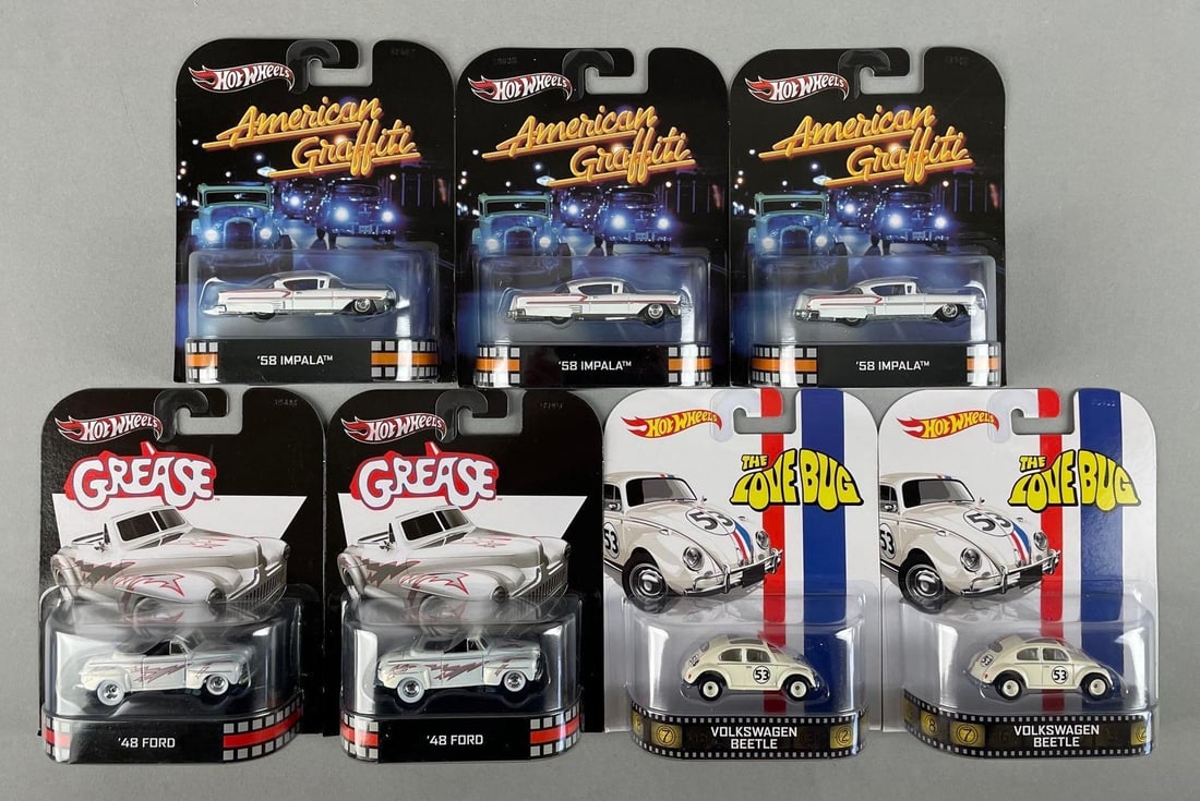 Group of Mattel Hot Wheels Pop Culture Die-Cast Vehicles: Grease love bug, American graffiti