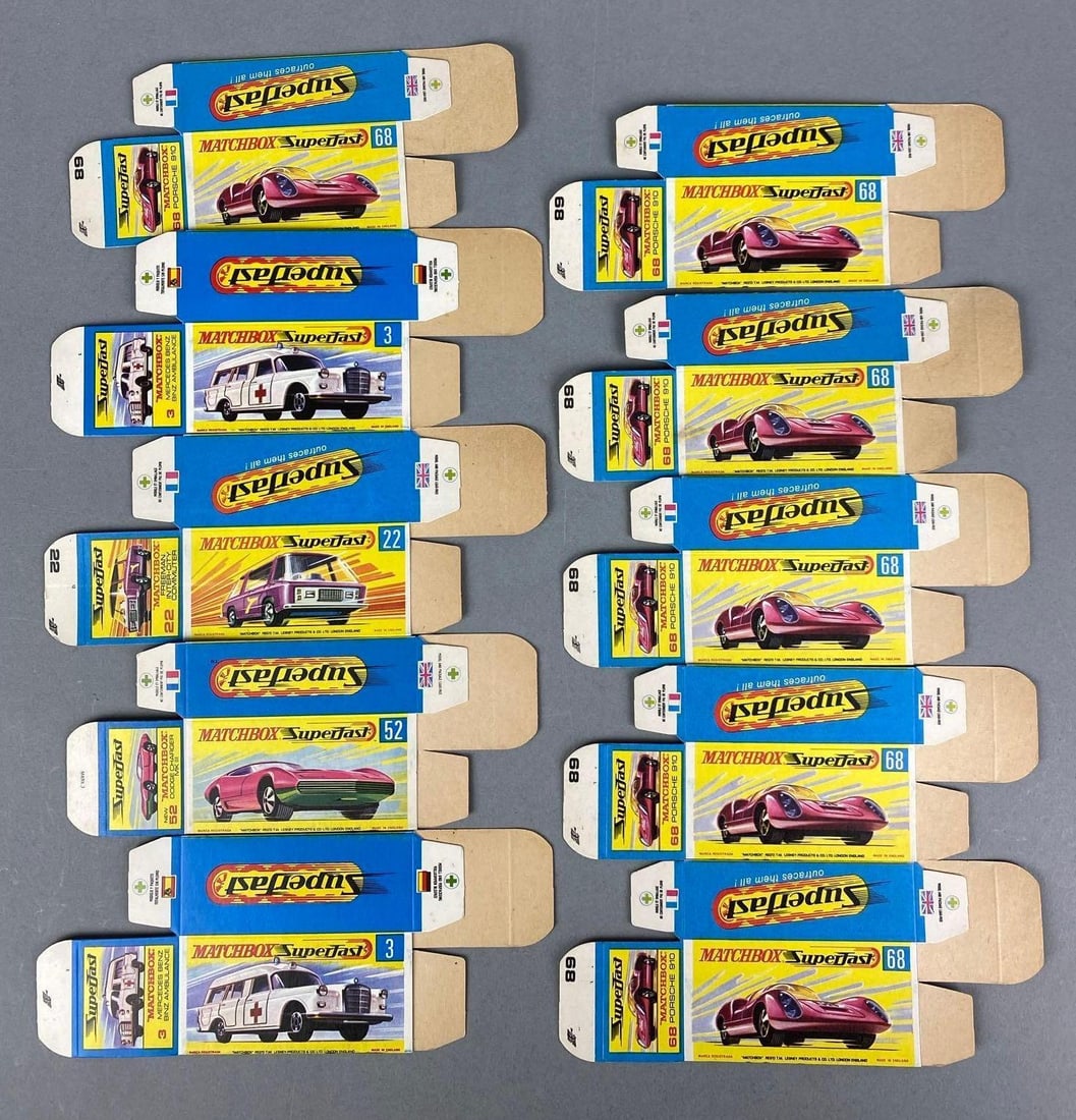 Group of Lesney Matchbox G Type Boxes: Includes #68 Porsche 910, #3 Mercedes Benz binz ambulance and more