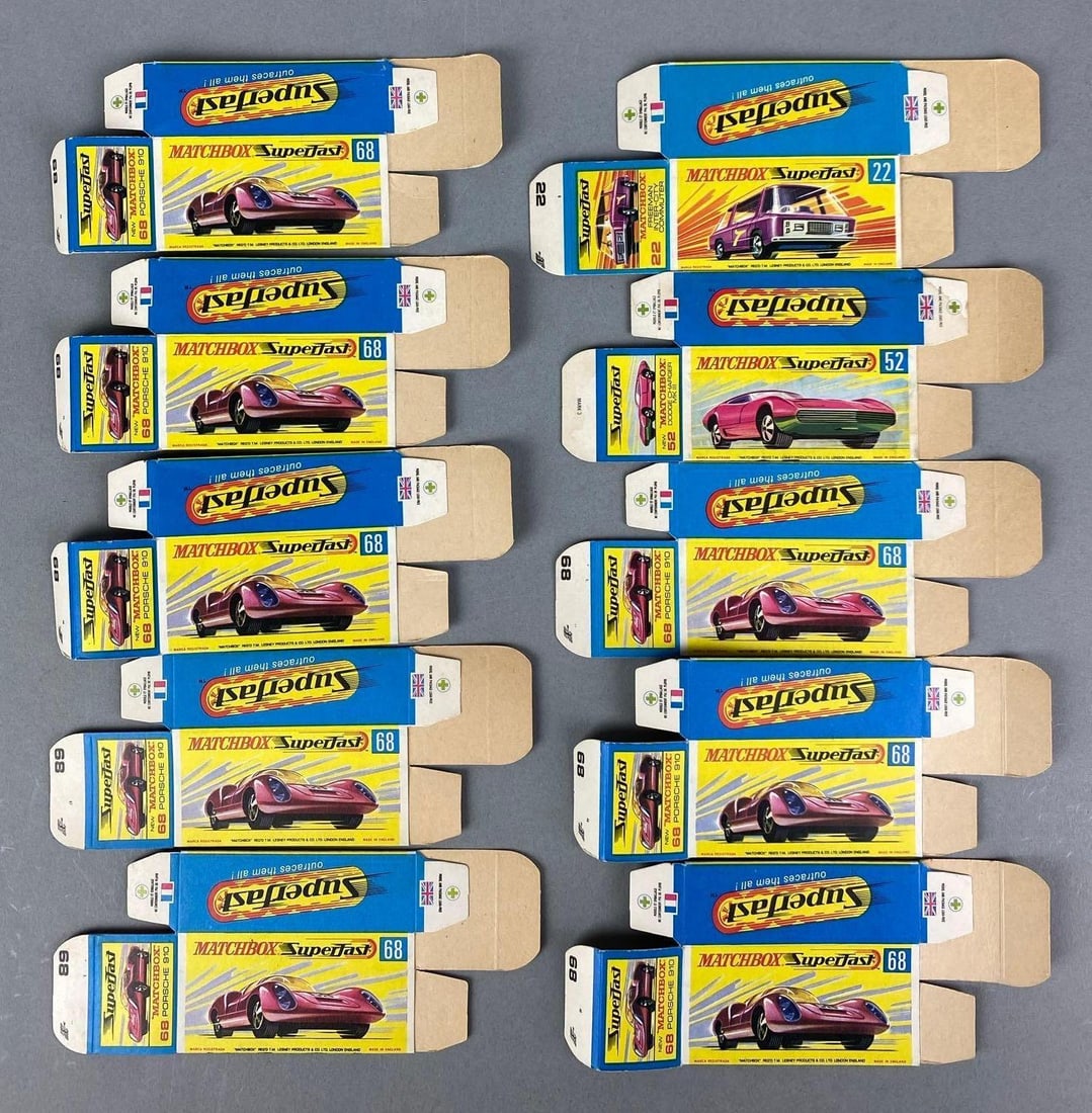 Group of Lesney Matchbox G Type Boxes: Inclufed #68 Porche 610, #52 Dodge Charger mk2 and more
