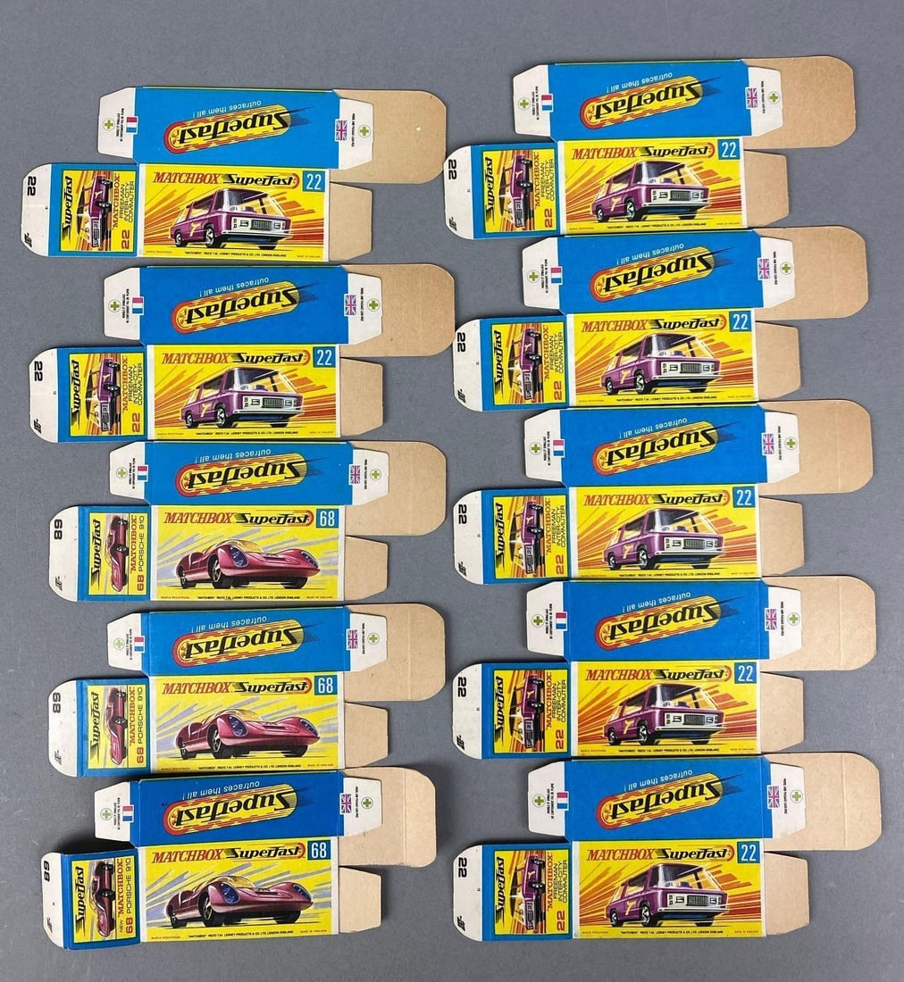 Group of Lesney Matchbox G Type Boxes: Includes #68 Porsche 610 and #22 freeman inter-city commuter