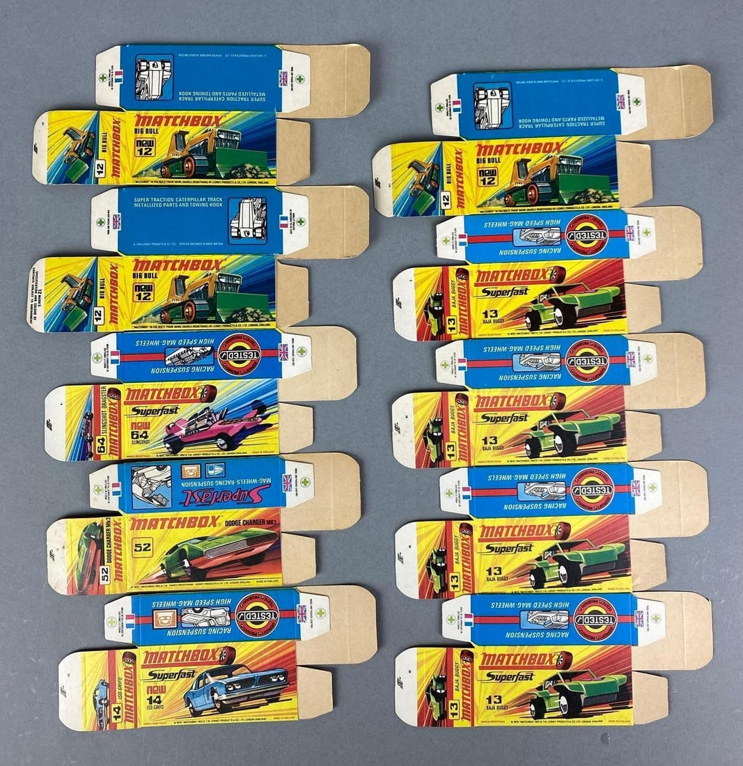 Group of Lesney Matchbox H Type Boxes: Includes #13 Baja baby, #14 ISO grifo and more