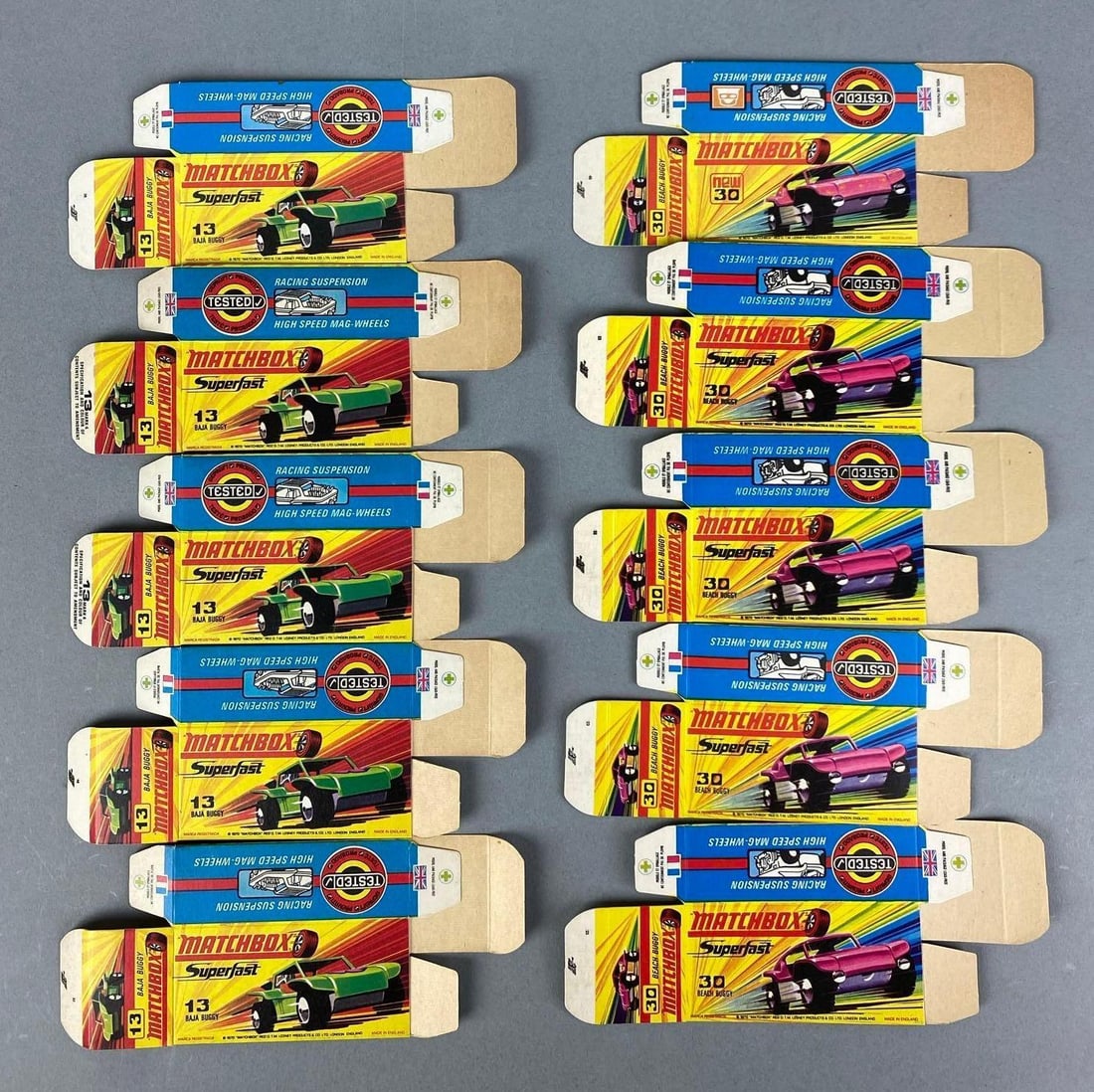 Group of Lesney Matchbox H Type Boxes: Includes #30 beach Buggy and #13 baja buggy