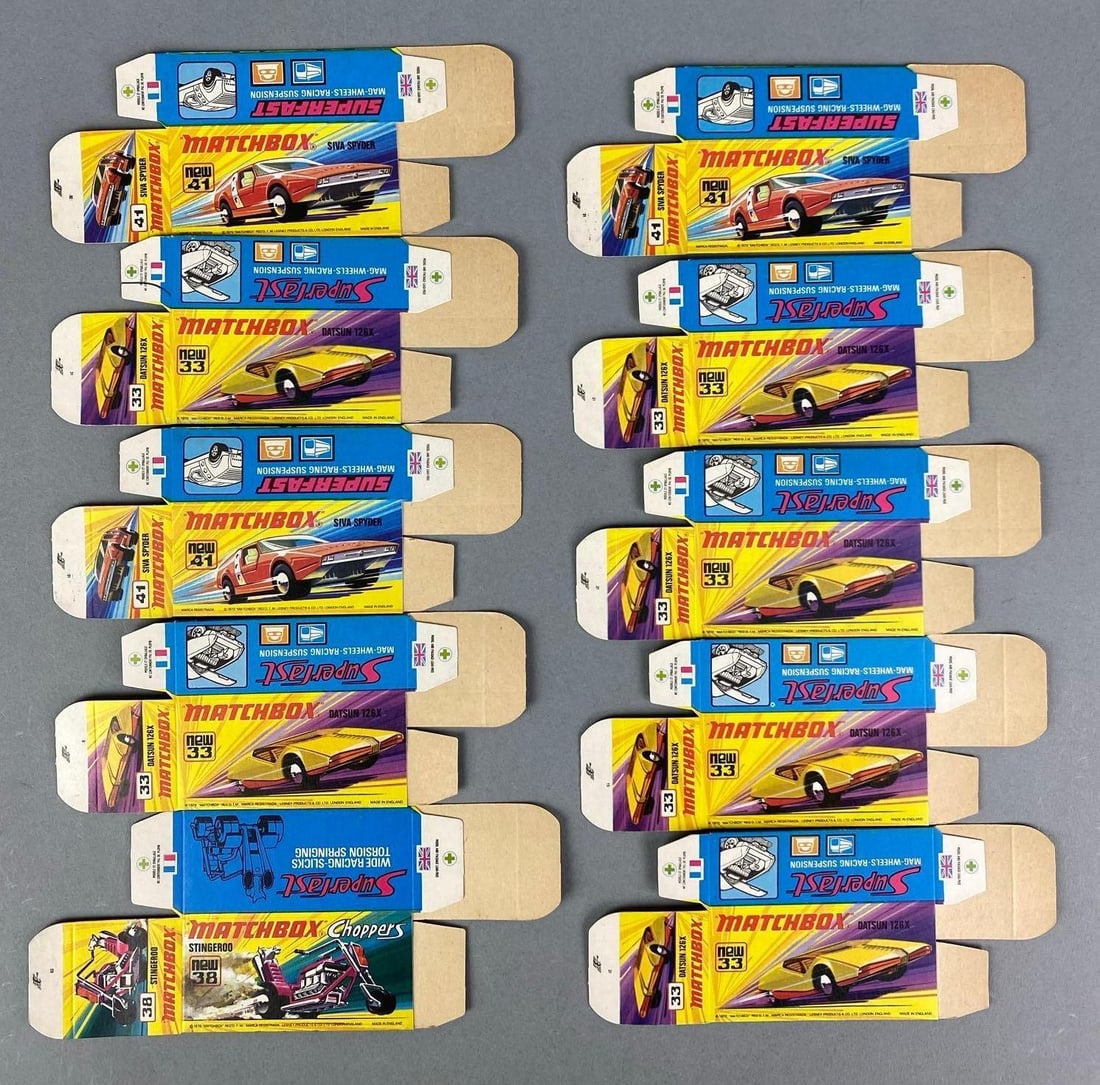 Group of Lesney Matchbox I Type Boxes: Inclufes Datsun 126x, stingerod and more