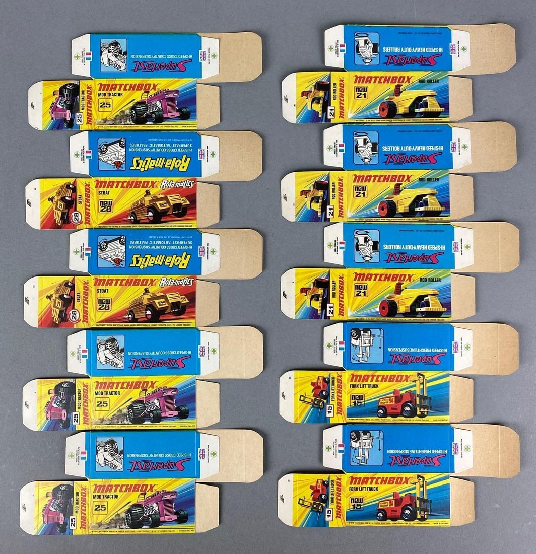 Group of Lesney Matchbox I Type Boxes: Includes fork lift truck, Rod roller and more