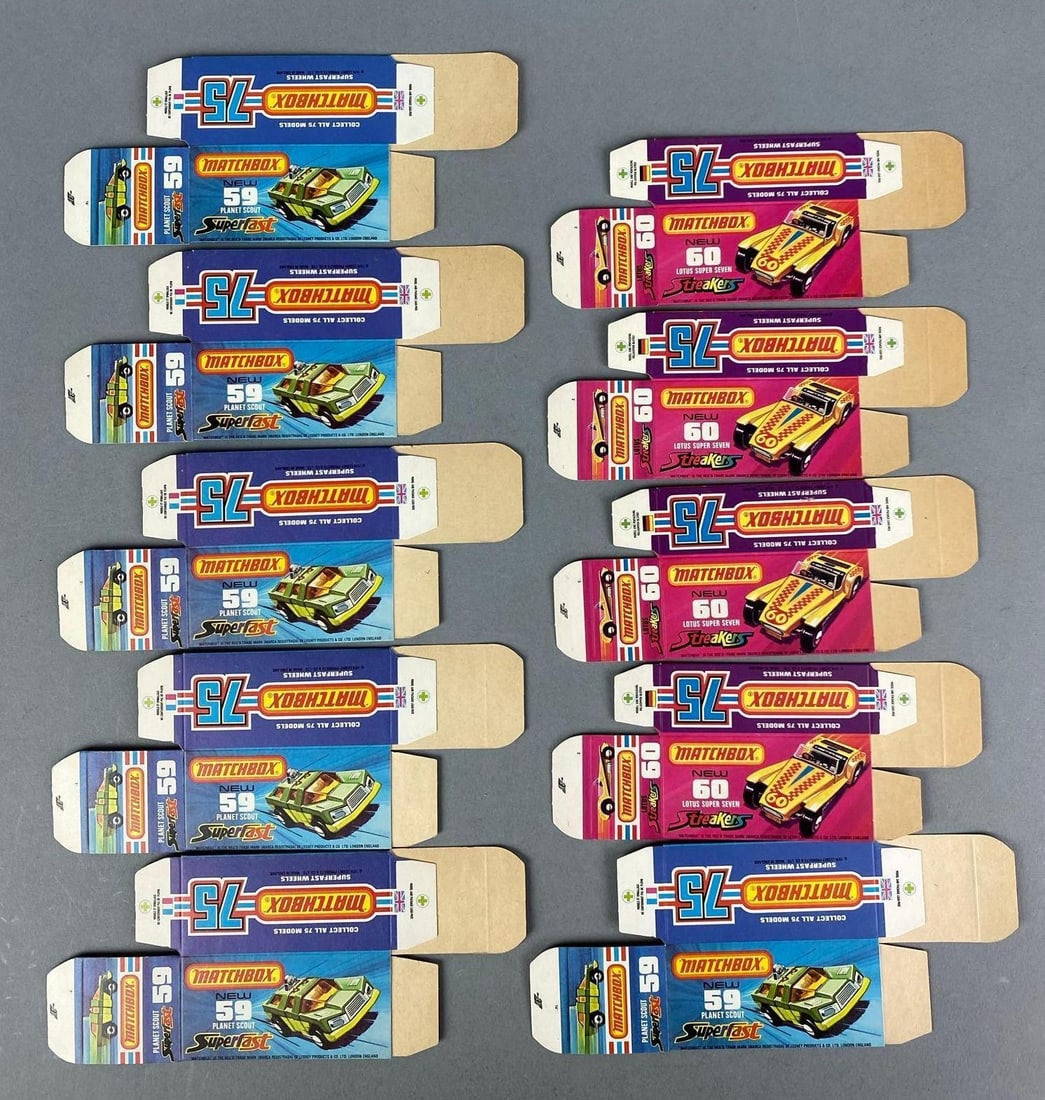 Group of Lesney Matchbox J Type Boxes: Includes planet scout and Lotus super seven