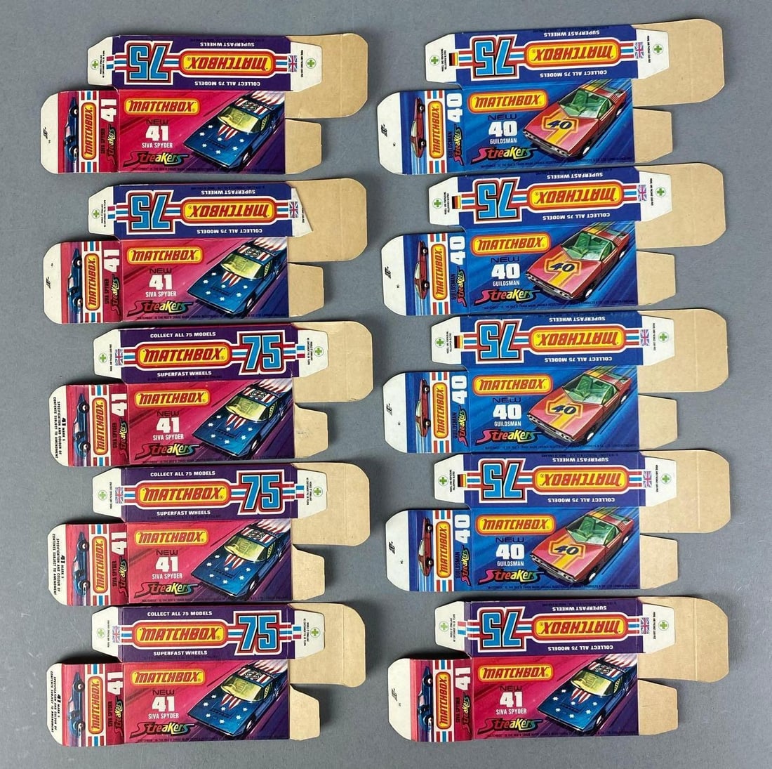 Group of Lesney Matchbox J Type Boxes: Includes siva spyder and guildsman