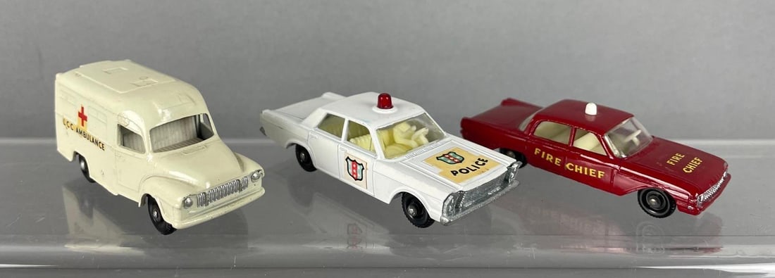 Group of Lesney Matchbox Die-Cast Emergency Vehicles: Includes lomas ambulance, ford Galaxie police car, Fairlane fire chief