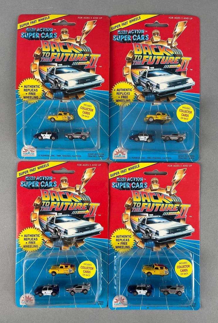 Group of 1989 FunRise Back to the Future II Die-Cast Vehicle Sets: Micro action super cars, original packaging