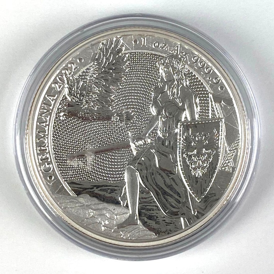 2022 Germania Sword and Shield 1 oz Ag 999.9 Fine Silver 5 Mark Coin: 2022 Germania Sword and Shield 1 oz Ag 999.9 Fine Silver 5 Mark Coin