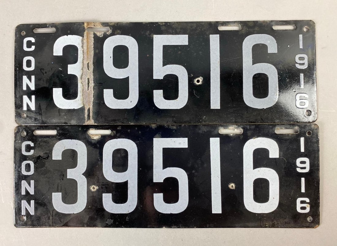Group of 2 Matching Vintage 1916 Enamel Porcelain Connecticut License Plates (1 of 2)