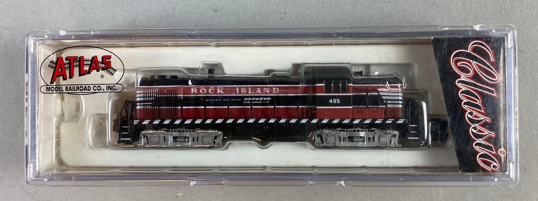 Atlas Classic N Scale Rock Island Route Of The Rockets 495 Locomotive: Includes RS -3 locomotive. Like new in original packaging. Untested. Measures H 1 x W 2 x L 6 1/2 inches.
