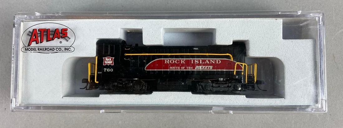 Atlas Master Line N Scale Rock Island Route Of The Rockets 760 Locomotive: includes NV0-1000 Locomotive. Like new in original packaging. Untested. Measures H 1 x W 2 x L 7 1/2 inches.