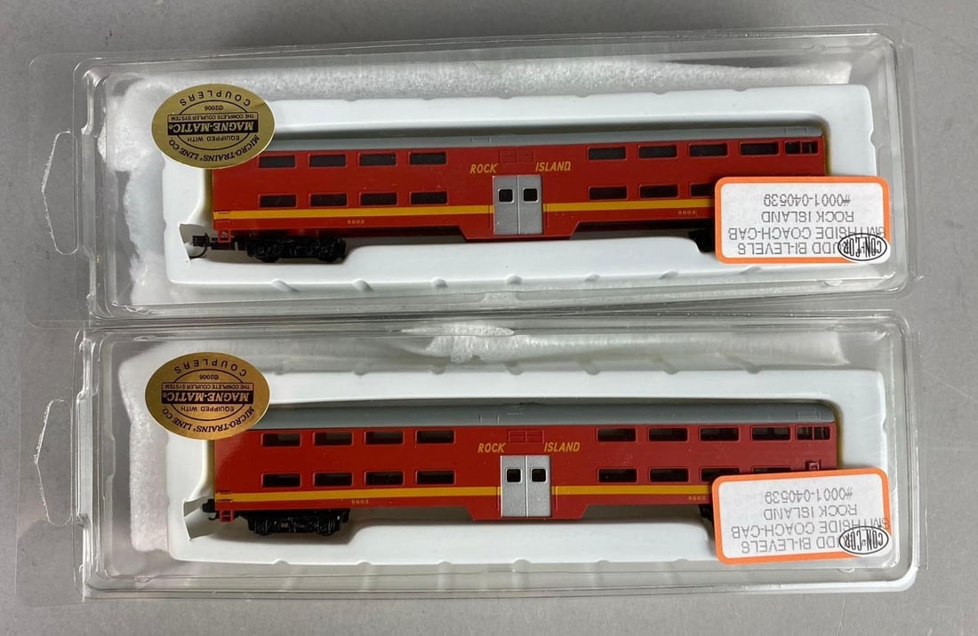Group of 2 N Scale Rock Island 9603 Bi Levels Smithside Coach Cab Cars: Like new in original packaging. One measures H 1 1/2 x W 2 1/2 x L 9 inches.