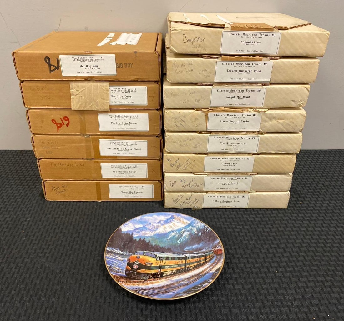 Group of 15 The Hamilton Collection Train Memorabilia Plates: Includes silver bullet, competition, and more. 1 plate measures 8 1/2? in diameter.