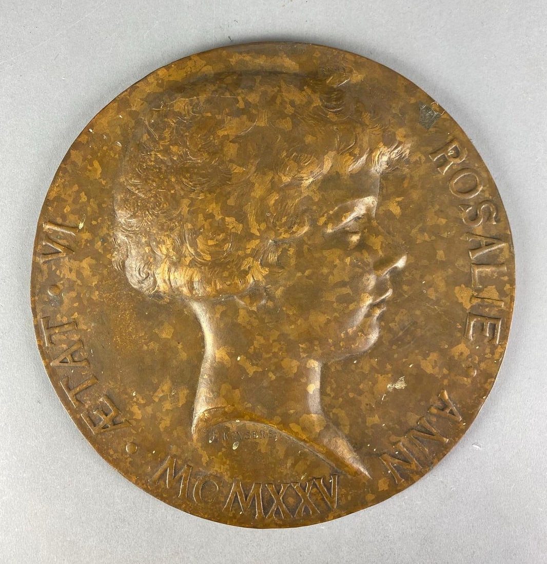 Antique Rosalie Ann Coin Brass Wall Plaque: Measures 12 1/2” In diameter
