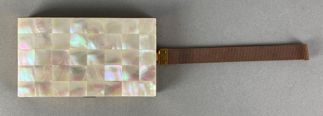 Vintage Brass MOP Makeup Carryall Travel Case: Mother of Pearl, Measures 3” H x 5 1/4” W without strap