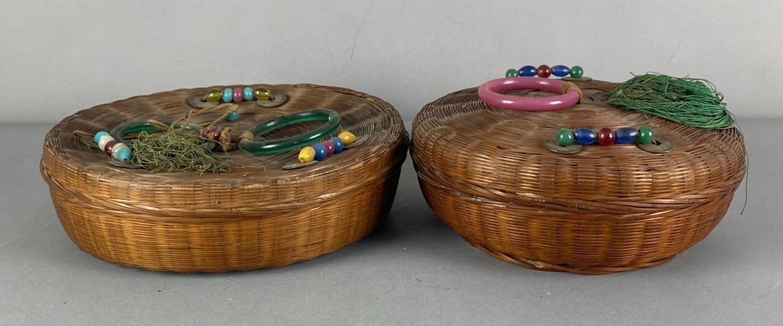 Group of 2 Vintage Wicker Sewing Baskets: Largest measures 3” H x 10” W 10” D