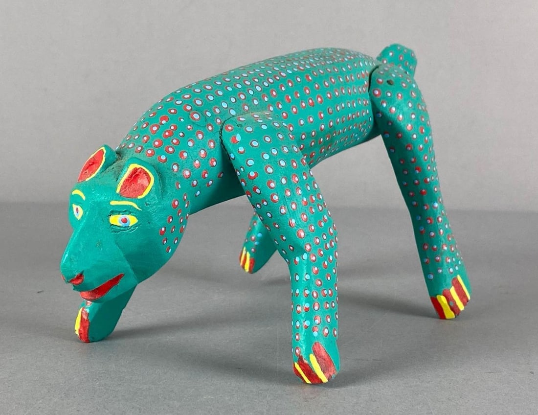 Signed Mexican Oaxacan Wood Carving Figurine: Signed on belly, Measures 4” H x 4 1/2” W x 8 1/2” D