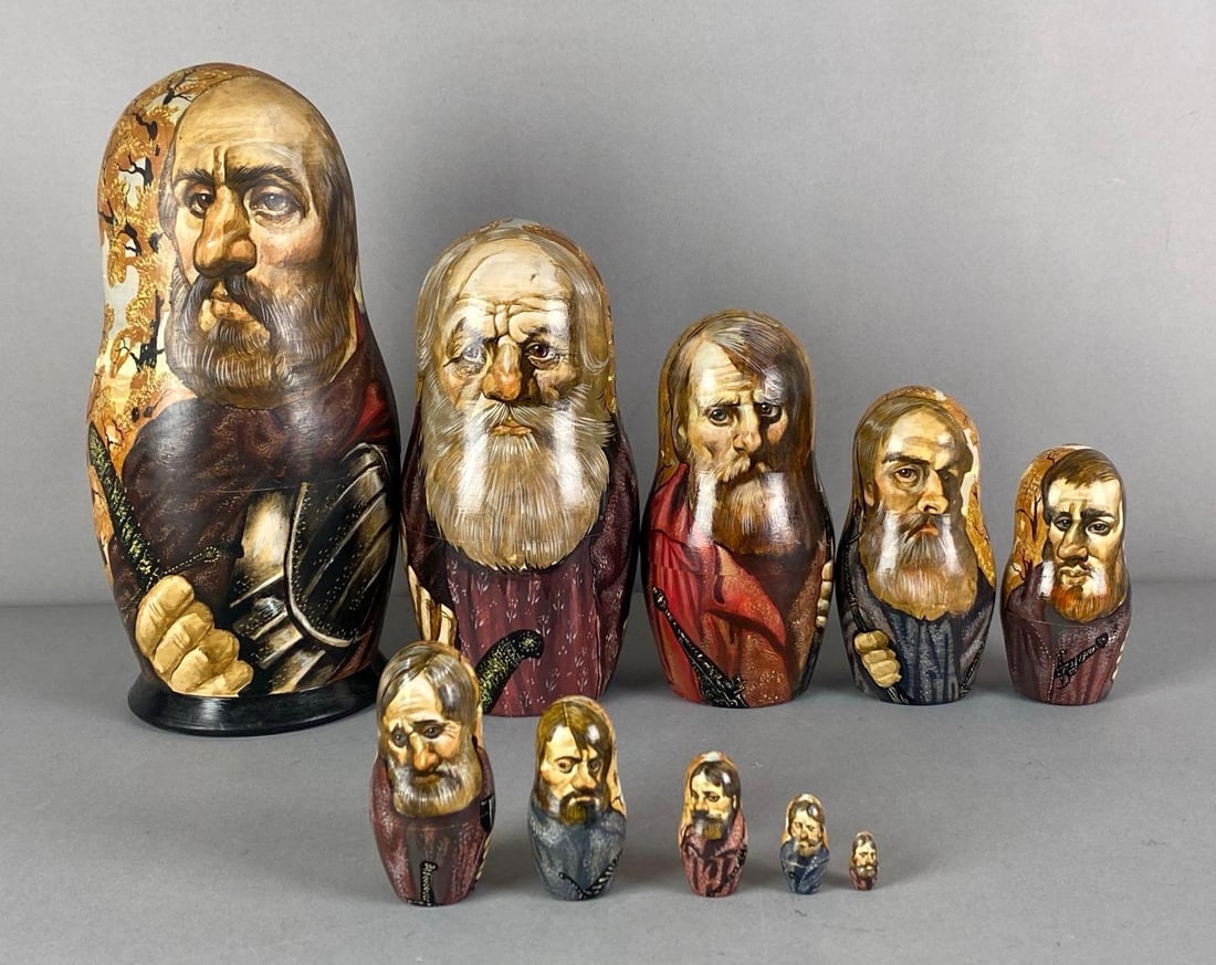 1994 Russian Matryoshka Wood Nesting Doll: Largest is marked on base, largest measures 10 1/2” H x 5” W