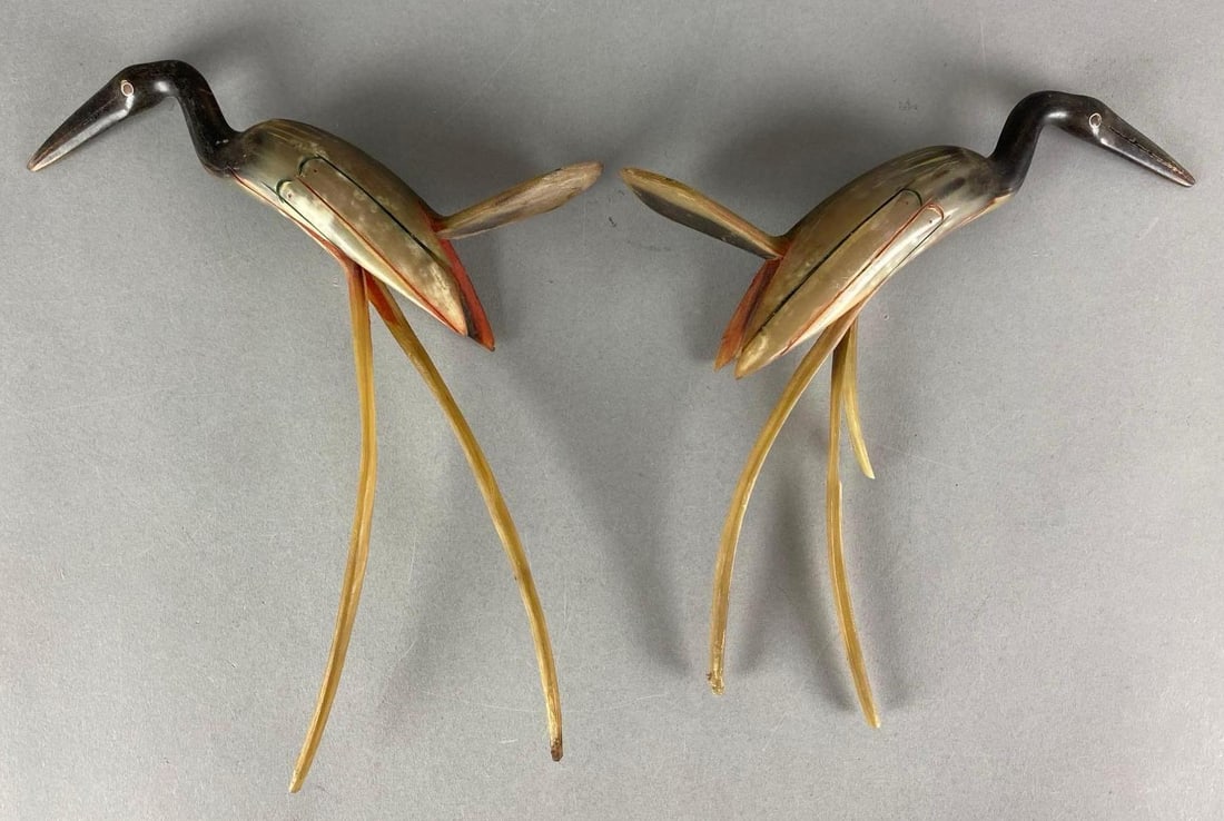 Group of 2 Buffalo Horn Crane Figurines: Some splitting, largest measures 12” H x 9” W x 2” D