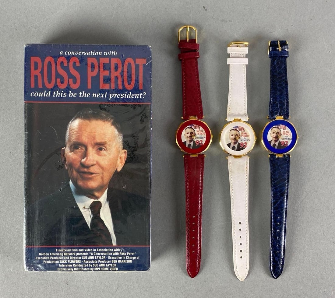 Group of Ross Perot Items: Includes 3 Wristwatches and VHS Tape