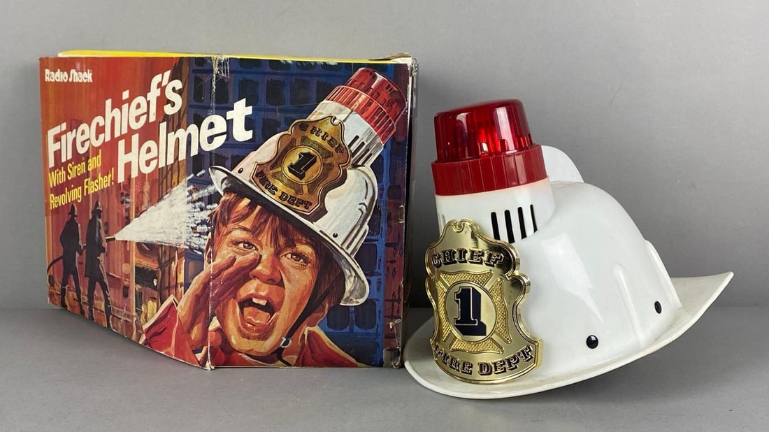 Radio Shack Firechiefs Helmet: In working condition in original box, box measures 9” H x 13” W x 8” D