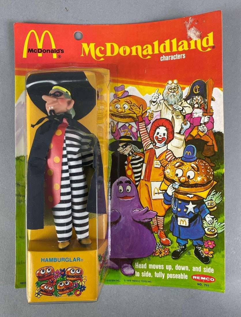 1976 Remco McDonaldland Hamburglar Action Figure: Sealed, measures 11” H x 8 1/2” W x 2” D