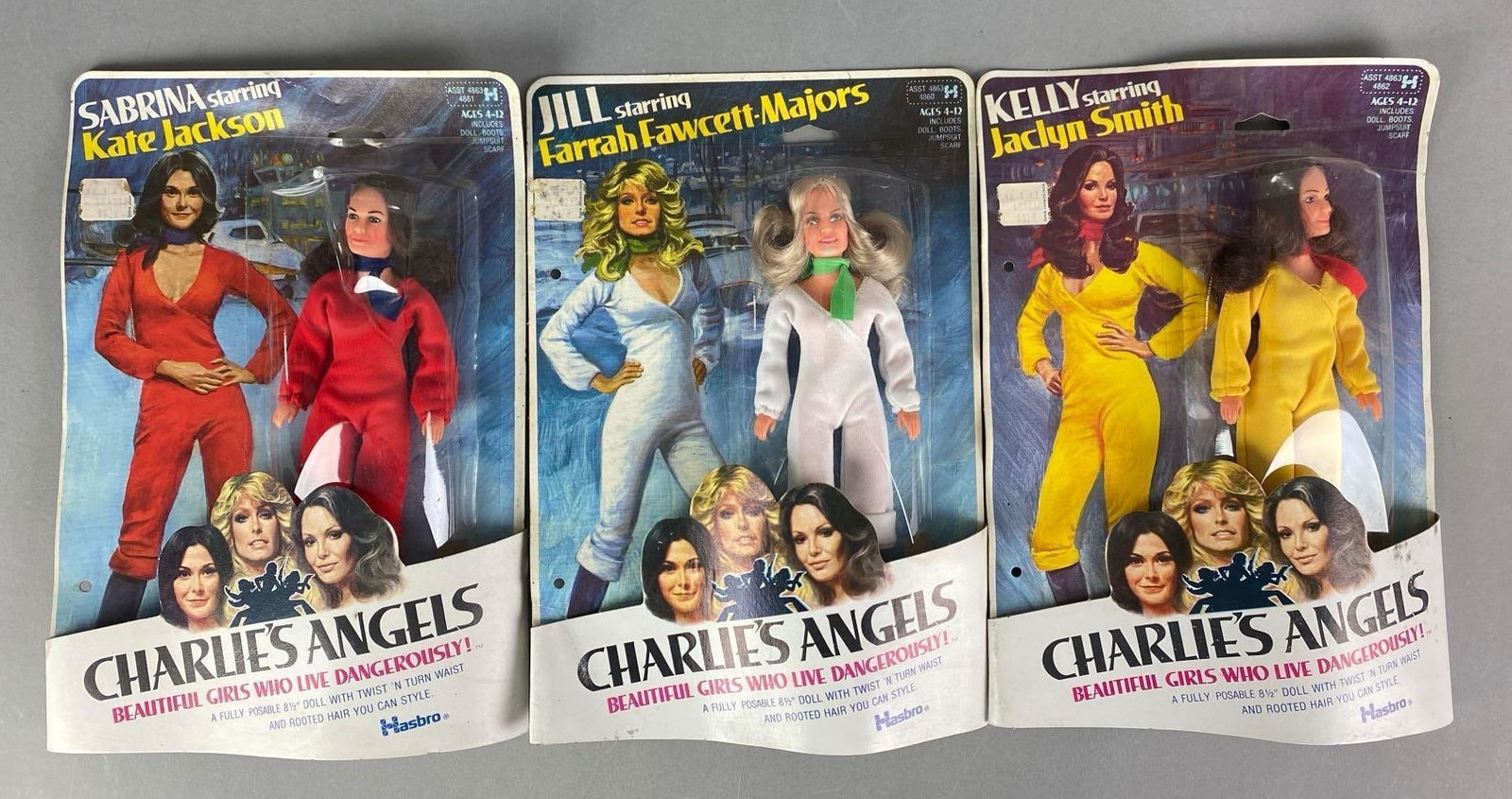 Group of 3 1977 Hasbro Charlie’s Angels Action Figures: Includes Sabrina Jill and Kelly, twist n turn waist, each doll measures 8 1/2” H