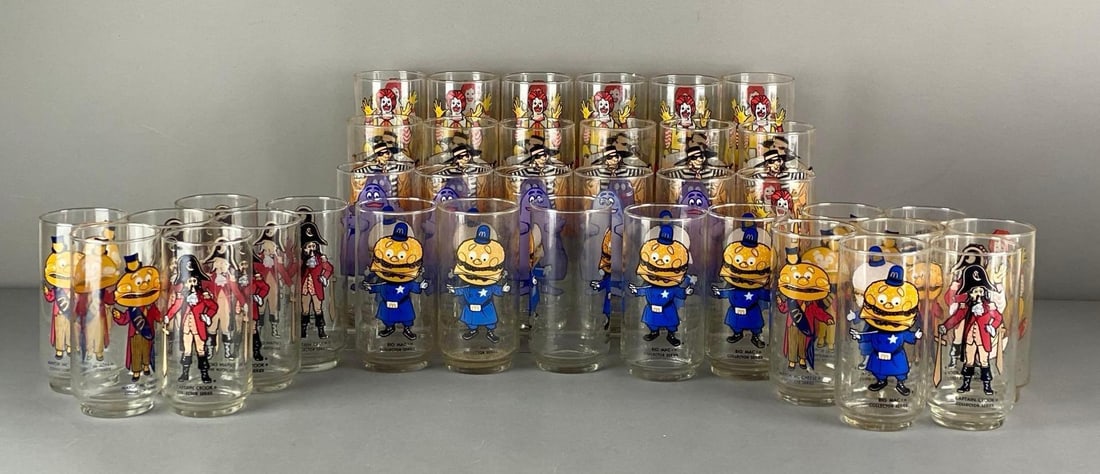 Group of McDonalds Character Collector Tumblers: Includes Ronald McDoanlds, the Hamburgler, Captain crook and more, each measures 5 1/2” H