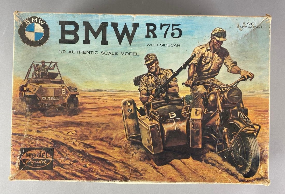 ESCI BMW German R75 Motorcycle with Sidecar Plastic Model Kit: 1/9 scale, set seems complete, in original box, shelf wear shown