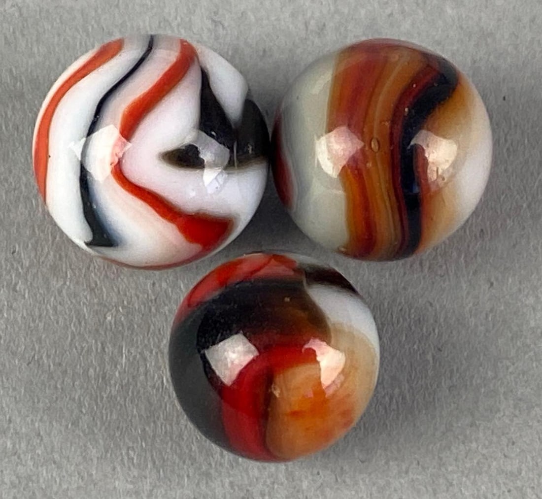 Group of 3 Peltier Glass Co. Rebel Glass Marble: Ottawa Illinois, largest measures .61”