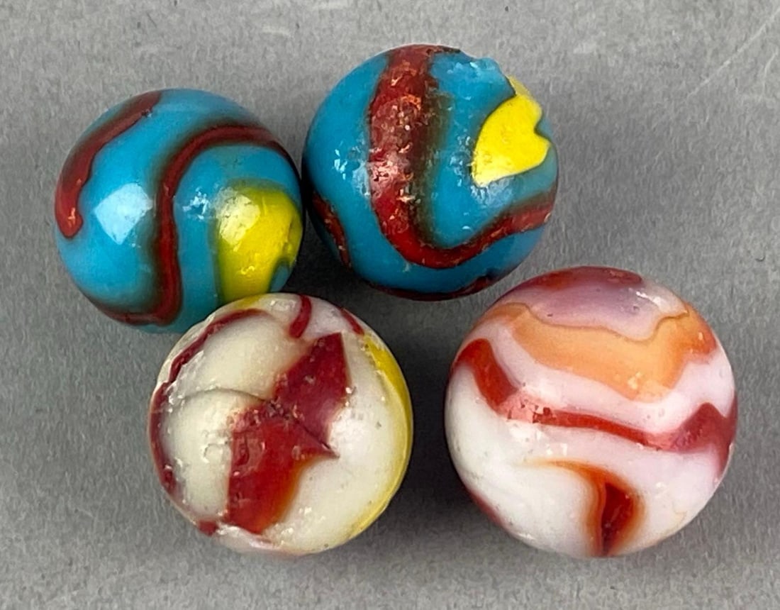 Group of 4 Peltier Glass Co. Glass Marbles: Ottawa Illinois, largest measures .82”