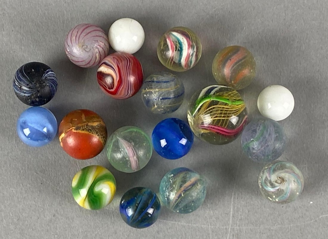 Group of 17 Assorted Glass Marbles: Largest measures .90”