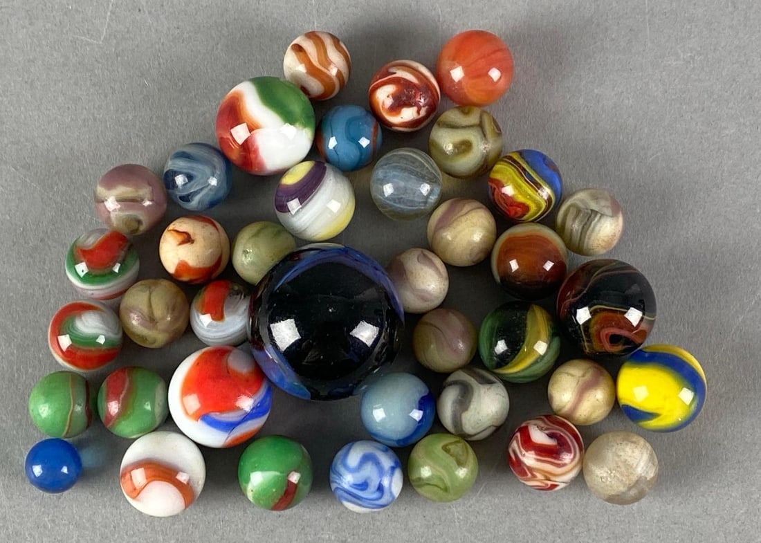 Group of 30+ Glass Marbles: Largest measures 1.3”