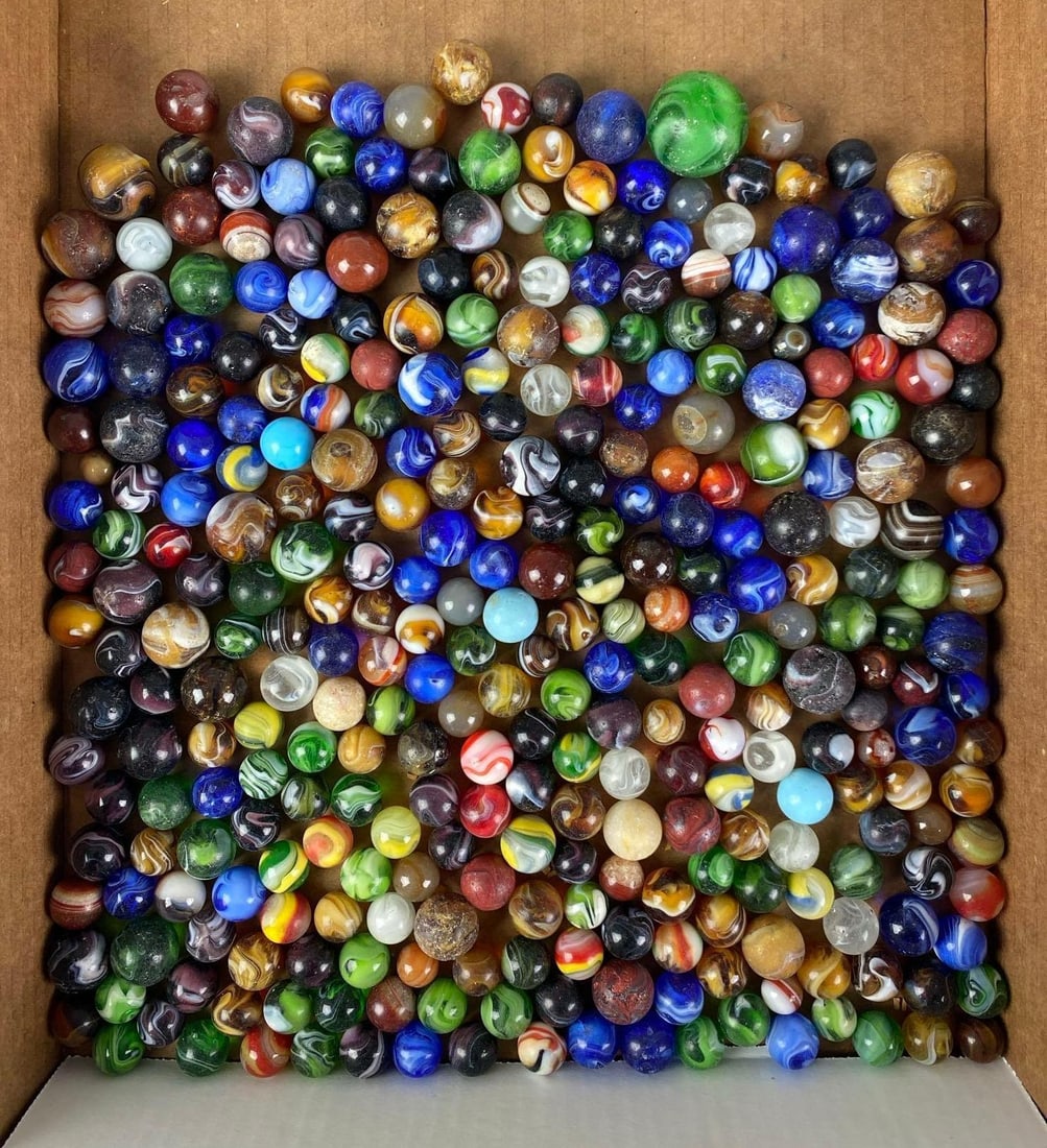 Group of 300+ Assorted Glass Marbles: chips throughout, largest measures 1.6”