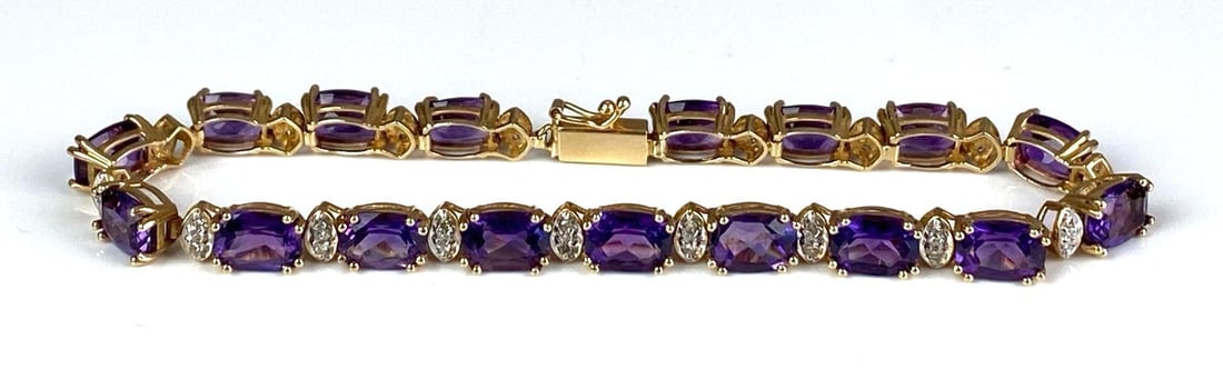 14K Yellow Gold Amethyst and Diamond Bracelet: Total weight of 9.3 grams, measures 7 1/4” In length