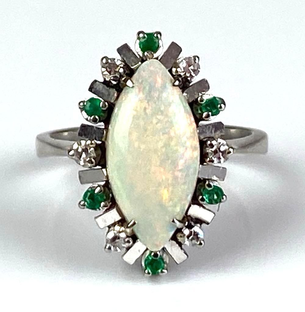 14K White Gold Fire Opal Diamond Emerald Ring (1 of 4)