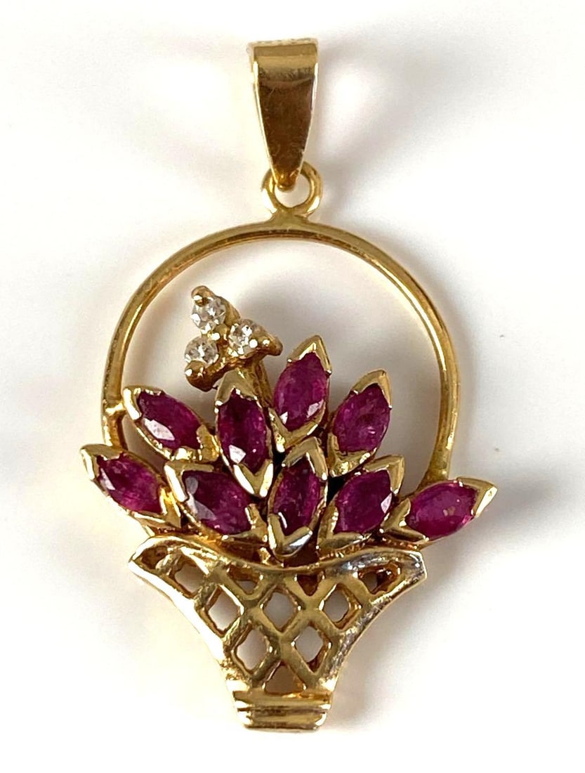 14KPY Yellow Gold Ruby Diamond Flower Basket Pendant: Total weight of 1.7 grams, measures 1” H x 1/2” W