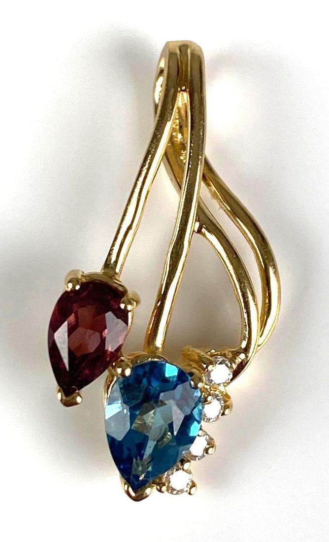 Signed JM 14K Yellow Gold Multi-Gem Pendant: Total weight of 1.8 grams, includes blue topaz, garnet and Diamond, measures 1” H x 1/2” W