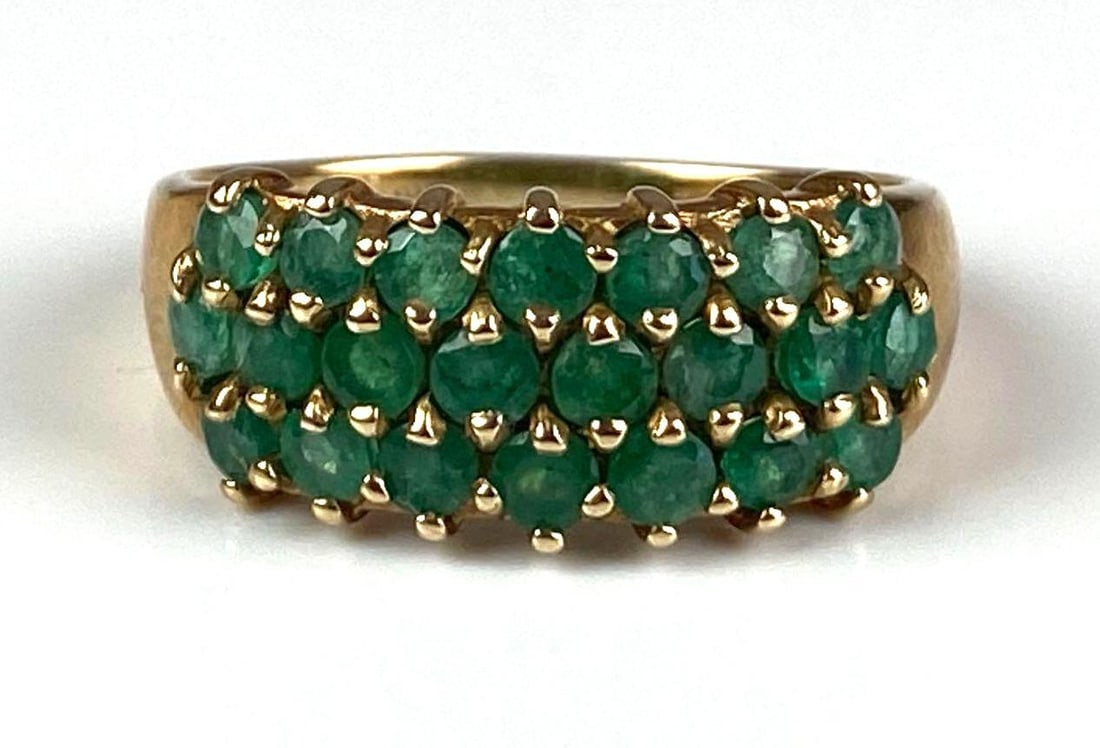 Signed PDN Thai 10K Yellow Gold Emerald Cluster Ring: Total weight of 2.9 grams, size 8
