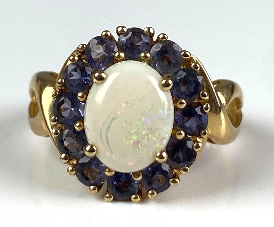 Signed 10K Yellow Gold Opal Iolite Ring: Total weight of 4.2 grams, size 8