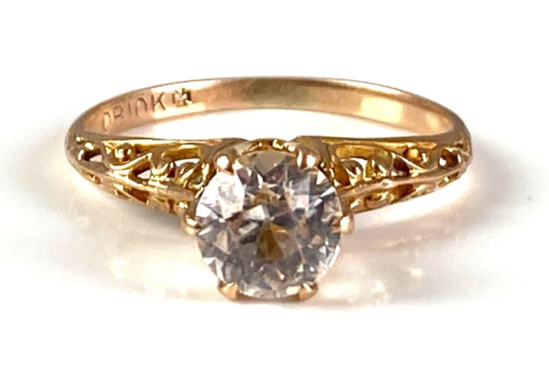 Signed OB 10K Yellow Gold Clear Sapphire Ring: Total weight of 2 grams, size 6