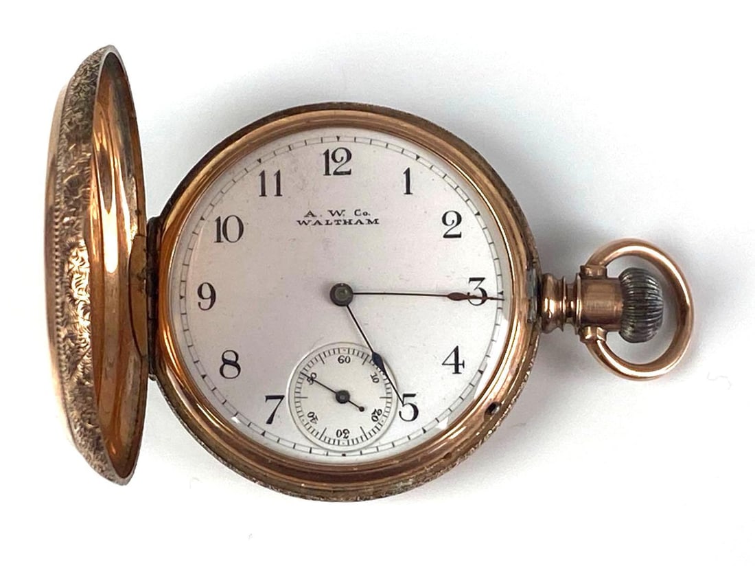Waltham 14K Yellow Gold AWC Hunter Case Pocket Watch (1 of 6)