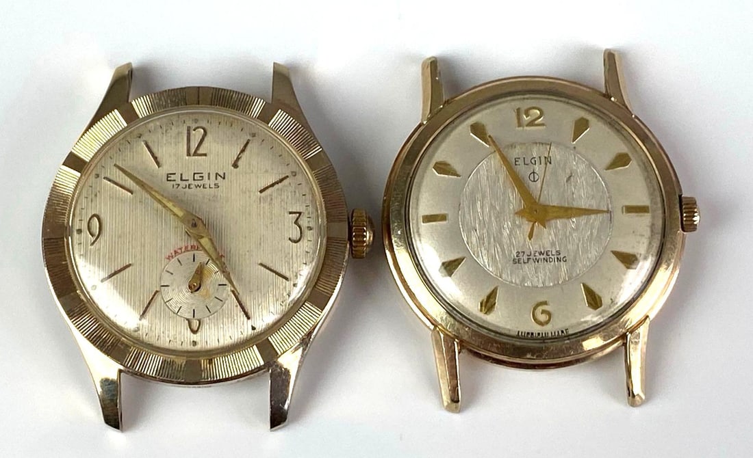Group of 2 Elgin Wristwatch Heads: Both in working condition, left is 17 jewels, right is 27 jewels and 10K Rolled Gold Plate, largest measures 1 1/2” H x 1 1/4” W