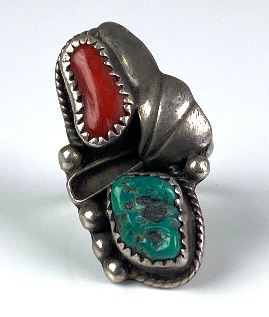 Sterling Silver Coral Turqiouse Native American Ring: Size 5 1/2