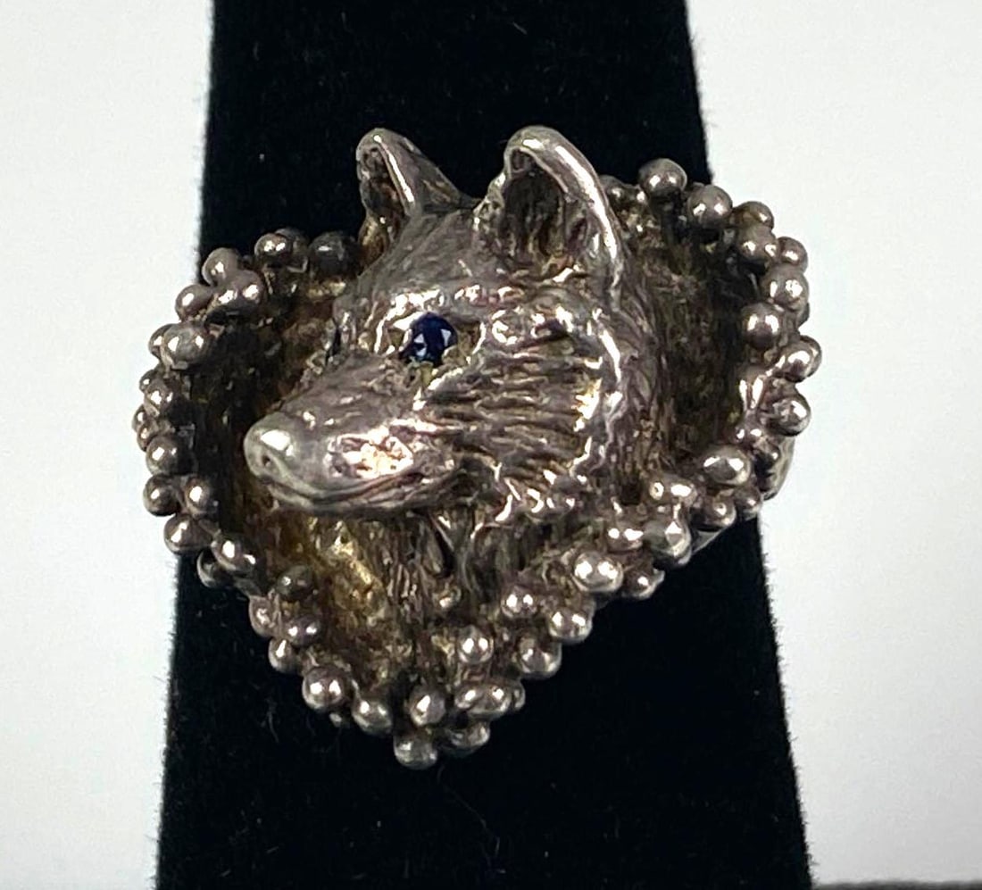 Sterling Silver Sapphire Wolf Head Ring: Features sapphire eyes, size 7