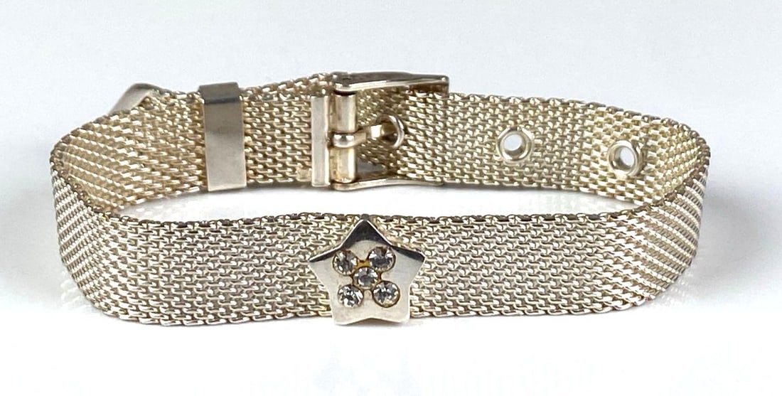 Signed Sterling Silver CZ Mesh Star Bracelet: Measures 8” in length
